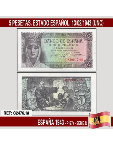 España 1943. 5 pesetas. Estado Español. 13/02/1943 (UNC) P-127a
