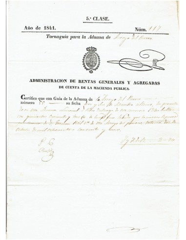 FA8021. DOCUMENTOS. 1841, Recibo de la Administracion de Rentas de Cuenta de la Hacienda Publica