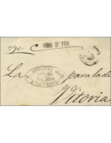 Galicia. Prefilatelia. Sobre . (1860ca). Frontal de certificado de giro mutuo de MONDOÑEDO a VITORIA. MAGNIFICO Y RARISIMO.