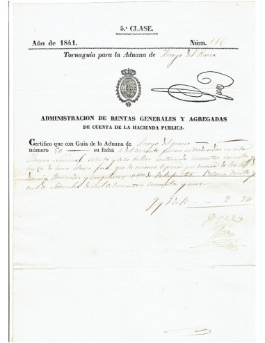FA8023. DOCUMENTOS. 1841, Recibo de la Administracion de Rentas de Cuenta de la Hacienda Publica