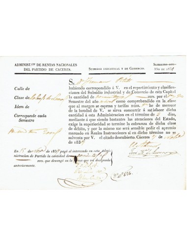 FA8027. DOCUMENTOS. 1839, Recibo de la Administración de Rentas Nacionales del Partido de Caceres