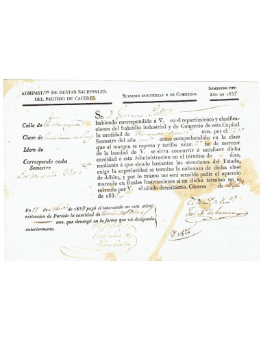 FA8028. DOCUMENTOS. 1839, Recibo de la Administración de Rentas Nacionales del Partido de Caceres