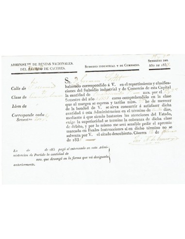 FA8029. DOCUMENTOS. 1838, Recibo de la Administración de Rentas Nacionales del Partido de Caceres