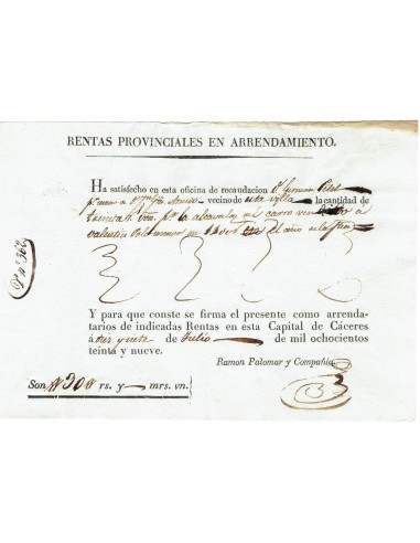 FA8036. DOCUMENTOS. 1839, Recibo de Rentas Provinciales en arrendamiento