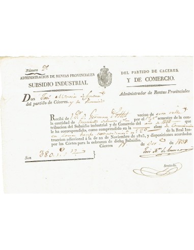 FA8037. DOCUMENTOS. 1838, Recibo de Rentas Provinciales, Subsidio Industrial y de Comercio