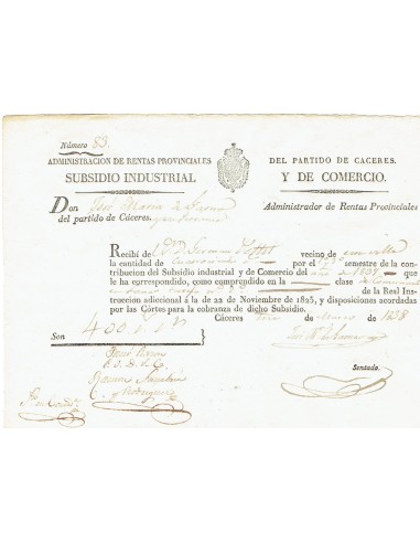 FA8039. DOCUMENTOS. 1838, Recibo de Rentas Provinciales, Subsidio Industrial y de Comercio