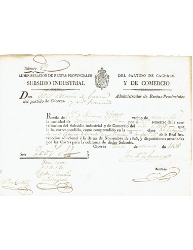 FA8040. DOCUMENTOS. 1838, Recibo de Rentas Provinciales, Subsidio Industrial y de Comercio