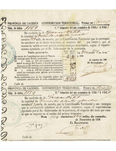 FA8049. DOCUMENTOS. 1867, Dos recibos de Contribucion de la localidad de Arroyo del Puerco