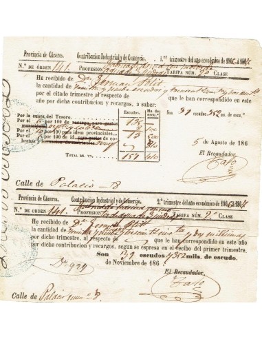 FA8050. DOCUMENTOS. 1867, Dos recibos de Contribucion de la localidad de Arroyo del Puerco