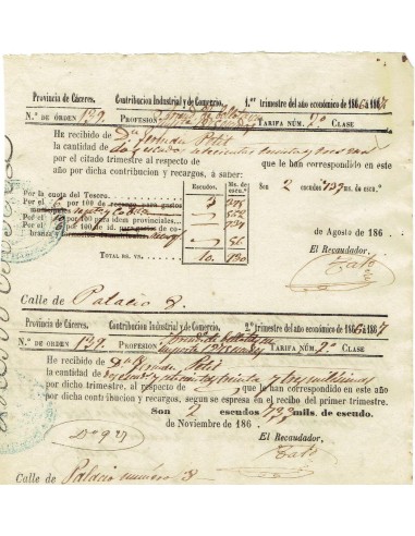 FA8051. DOCUMENTOS. 1867, Dos recibos de Contribucion Industrial y de Comercio de la localidad de Arroyo del Puerco