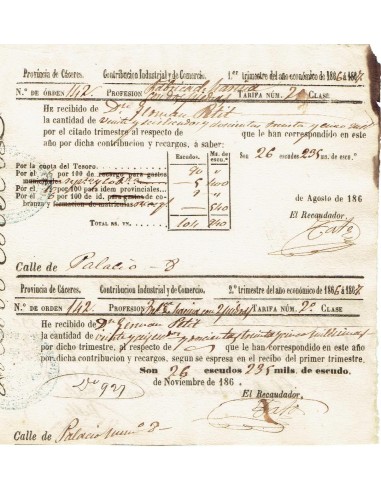 FA8052. DOCUMENTOS. 1867, Dos recibos de Contribucion Industrial y de Comercio de la localidad de Arroyo del Puerco