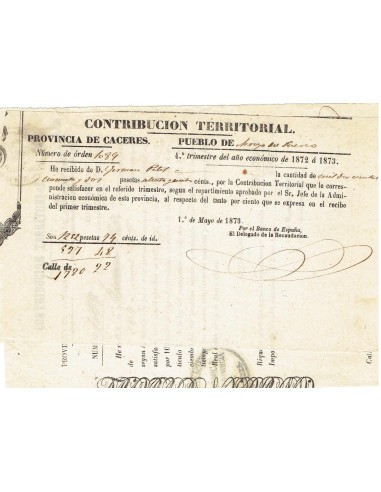 FA8062. DOCUMENTOS. 1873, Dos recibos de Contribución Territorial de Arroyo del Puerco, Caceres