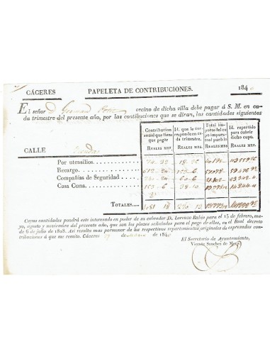 FA8063. DOCUMENTOS. 1840, Papeleta de Contribuciones de Caceres