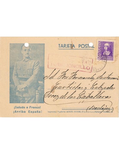 FA8609. CENSURAS - Tarjeta postal con cuño de Censuta Militar de Torrejoncillo a Jerez de los Caballeros
