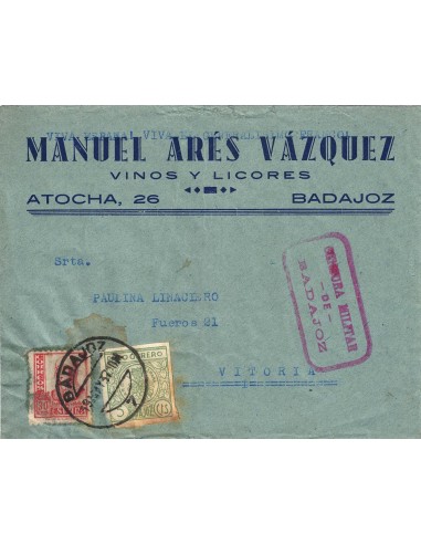 FA8611. CENSURAS - 1937, Carta circulada con cuño de Censura Militar de Badajoz a Vitoria