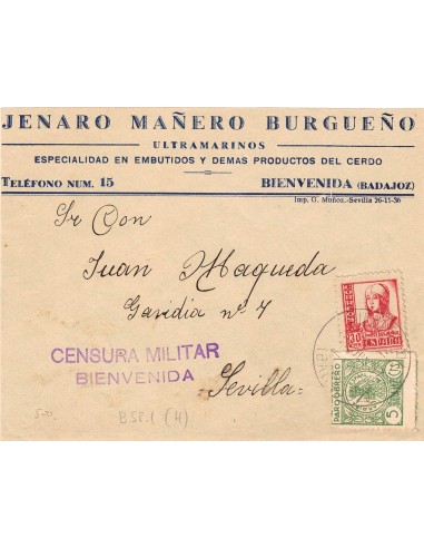 FA8618. CENSURAS - 1937, Carta circulada con cuño de Censura Militar de Bienvenida a Sevilla