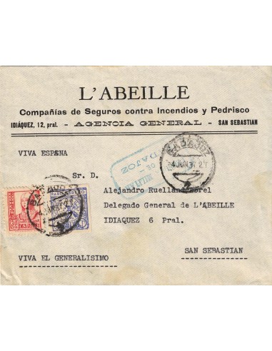 FA8619. CENSURAS - 1937, Carta circulada con cuño de Censura Militar de Badajoz a San Sebastian