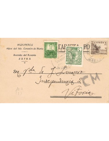 FA8626. CENSURAS - Carta circulada con cuño CM (Censura Militar) de Zafra a Vitoria