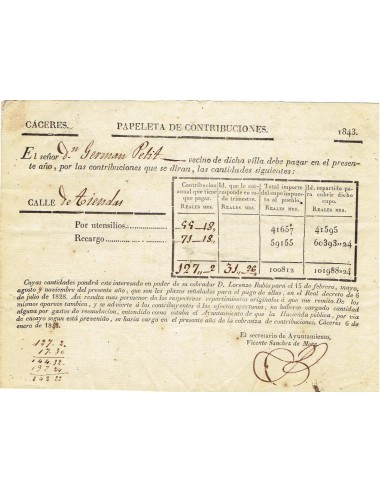FA8066. DOCUMENTOS. 1843, Dos documentos de Papeleta de Contribuciones de Caceres