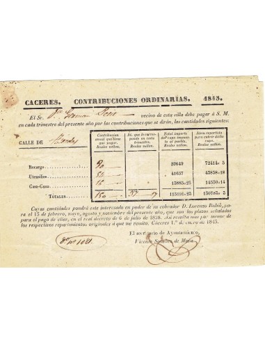 FA8067. DOCUMENTOS. 1845, Tres documentos de Contribuciones Ordinarias de Caceres