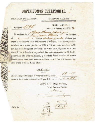 FA8068. DOCUMENTOS. 1873, Recibo de Contribucion Territorial de Caceres