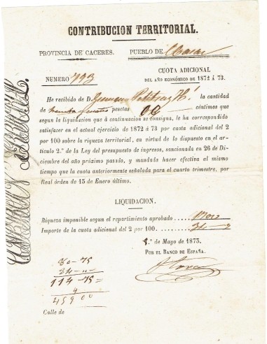 FA8069. DOCUMENTOS. 1873, Recibo de Contribucion Territorial de Casar de Caceres