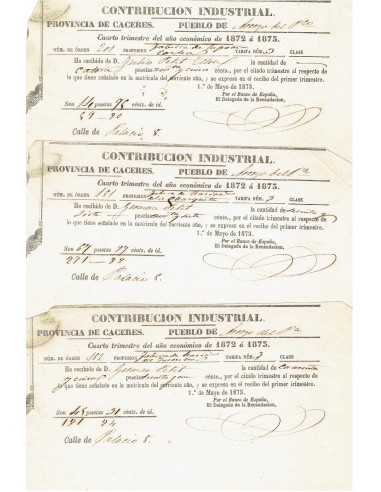 FA8072. DOCUMENTOS. 1873, Varios Recibos de Contribucion Industrial de Arroyo del Puerco, Caceres