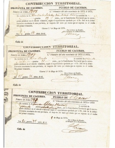 FA8073. DOCUMENTOS. 1873, Varios Recibos de Contribucion Industrial de Arroyo del Puerco, Caceres