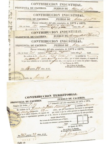 FA8074. DOCUMENTOS. 1873, Varios Recibos de Contribucion Industrial de Arroyo del Puerco, Caceres
