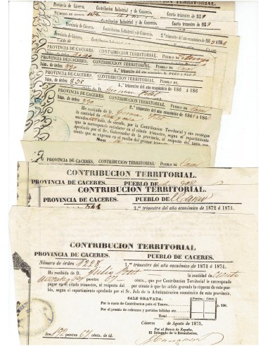 FA8075. DOCUMENTOS. 1873, Conjunto de Recibos de Contribucion Territorial de poblaciones de Caceres