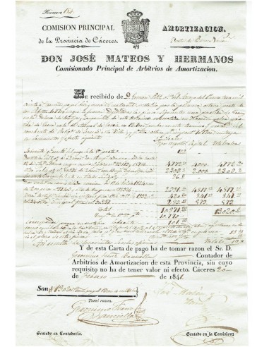 FA8077. DOCUMENTOS. 1841, Recibo de Amortización de la Comisión Principal de la provincia de Caceres
