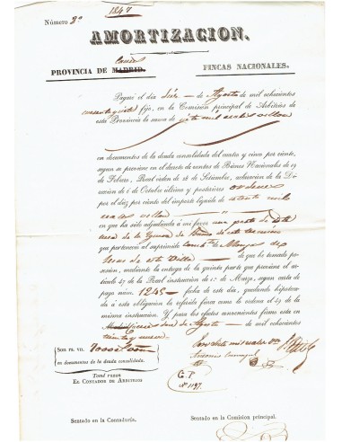 FA8079. DOCUMENTOS. 1847, Recibo de Amortización de la Provincia de Caceres