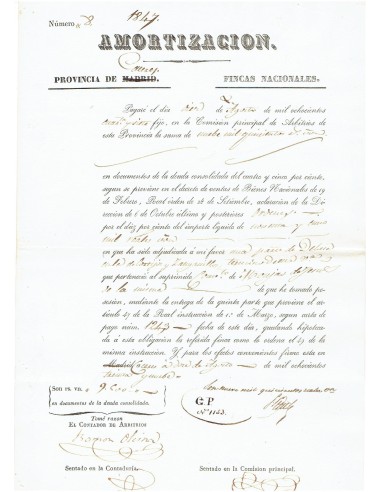 FA8080. DOCUMENTOS. 1847, Recibo de Amortización de la Provincia de Caceres