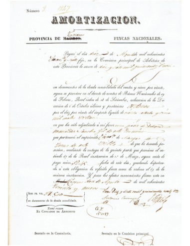 FA8081. DOCUMENTOS. 1847, Recibo de Amortización de la Provincia de Caceres