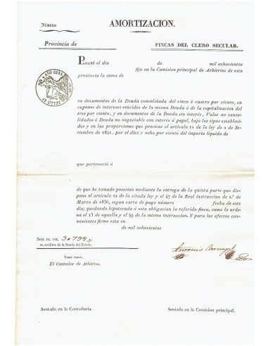 FA8083. DOCUMENTOS. 1844, Recibo de Amortización de Fincas del Clero Secular