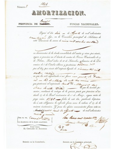 FA8084. DOCUMENTOS. 1846, Recibo de Amortización de la Provincia de Caceres