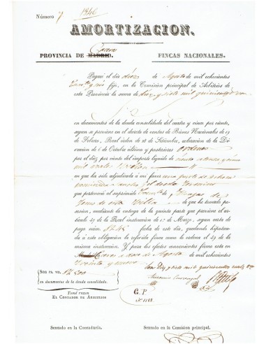 FA8085. DOCUMENTOS. 1846, Recibo de Amortización de la Provincia de Caceres