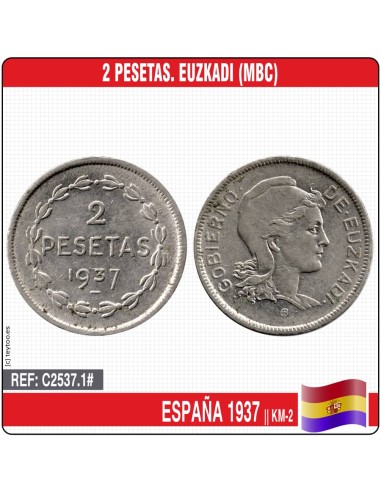 España 1937. 2 pesetas. Euzkadi (MBC) KM-2
