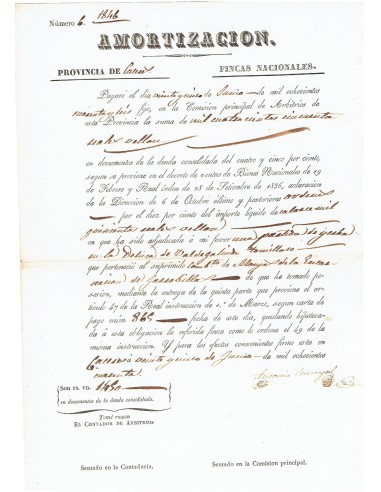 FA8089. DOCUMENTOS. 1846, Recibo de Amortización de la Provincia de Caceres