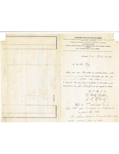 FA8093. DOCUMENTOS. 1873, Carta de acuse de recibo de pedido a la Librería de Carlos Bailly-Bailliere