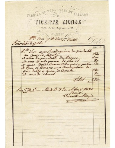 FA8094. DOCUMENTOS. 1856, Factura a la Fabrica de Calzado de Vicente Monje