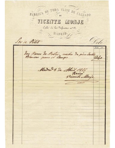 FA8095. DOCUMENTOS. 1856, Factura a la Fabrica de Calzado de Vicente Monje