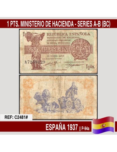 España 1937. 1 pts. II República. Ministerio de Hacienda (BC) P-94a