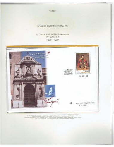 FA9278. HISTORIA POSTAL. 1999. IV centenario del nacimiento de Velazquez. Valor de 35 pesetas