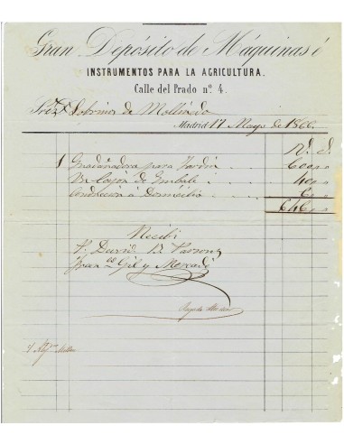 FA8106. DOCUMENTOS. 1866, Factura comercial de le empresa Instrumentos para la Agricultura