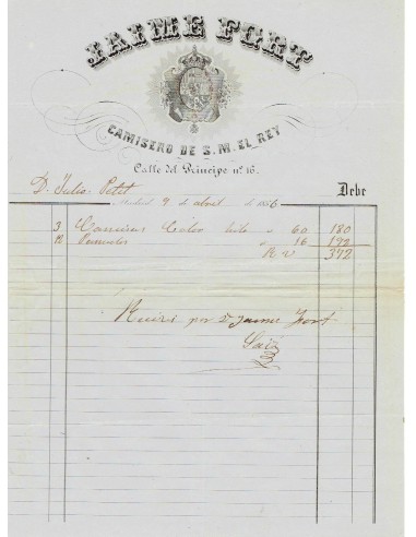 FA8107. DOCUMENTOS. 1856, Factura comercial de la empresa Jaime Port, camisero del Rey