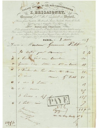 FA8110. DOCUMENTOS. 1845, Factura comercial de la empresa Bessaignet