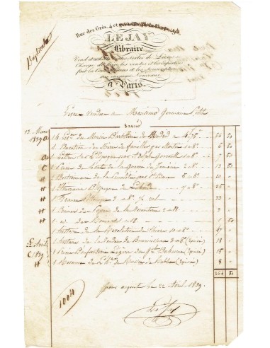 FA8111. DOCUMENTOS. 1839, Factura comercial de la empresa Lejay Libraire