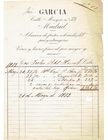 FA8117. DOCUMENTOS. 1873, Factura comercial de la empresa José García