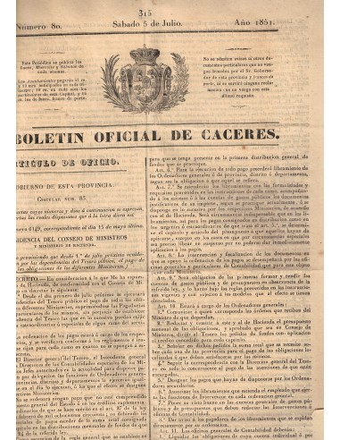 FA9112. DOCUMENTOS. 1851, 5 de julio. Boletin oficial de Caceres